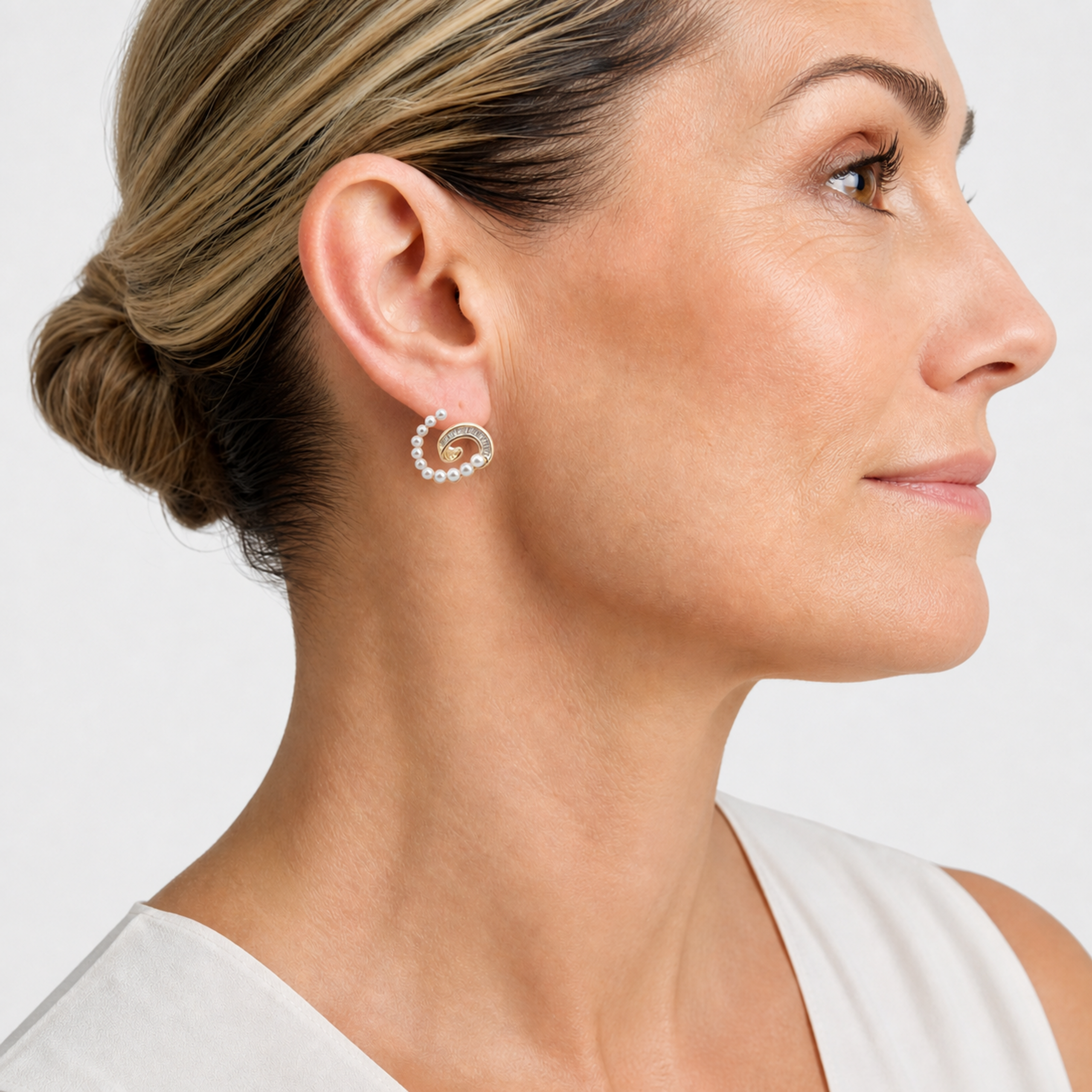 Gold Pearl & Baguette Spiral Swirl Earrings