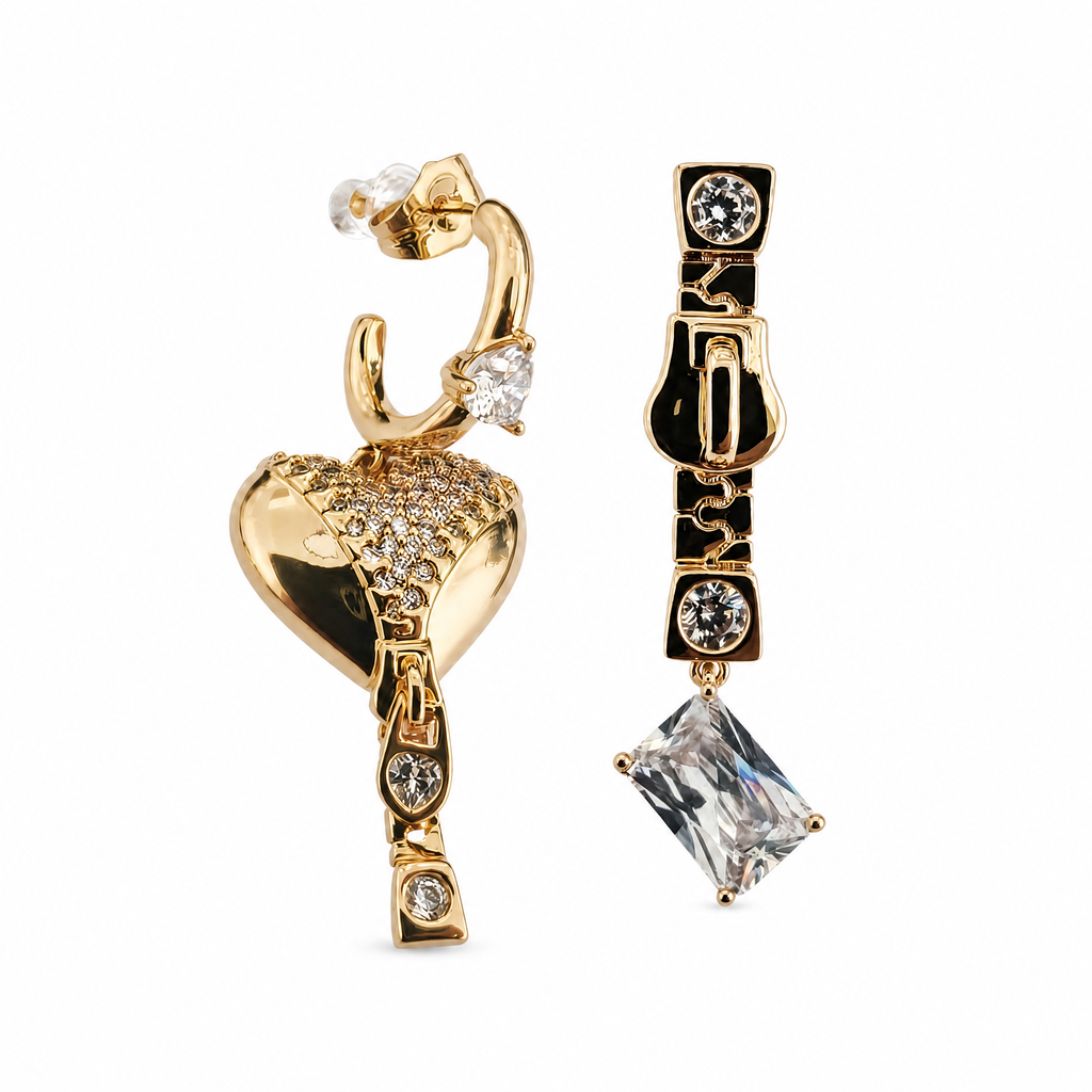 Gold Heart Drop Earring with Crystal Baguette