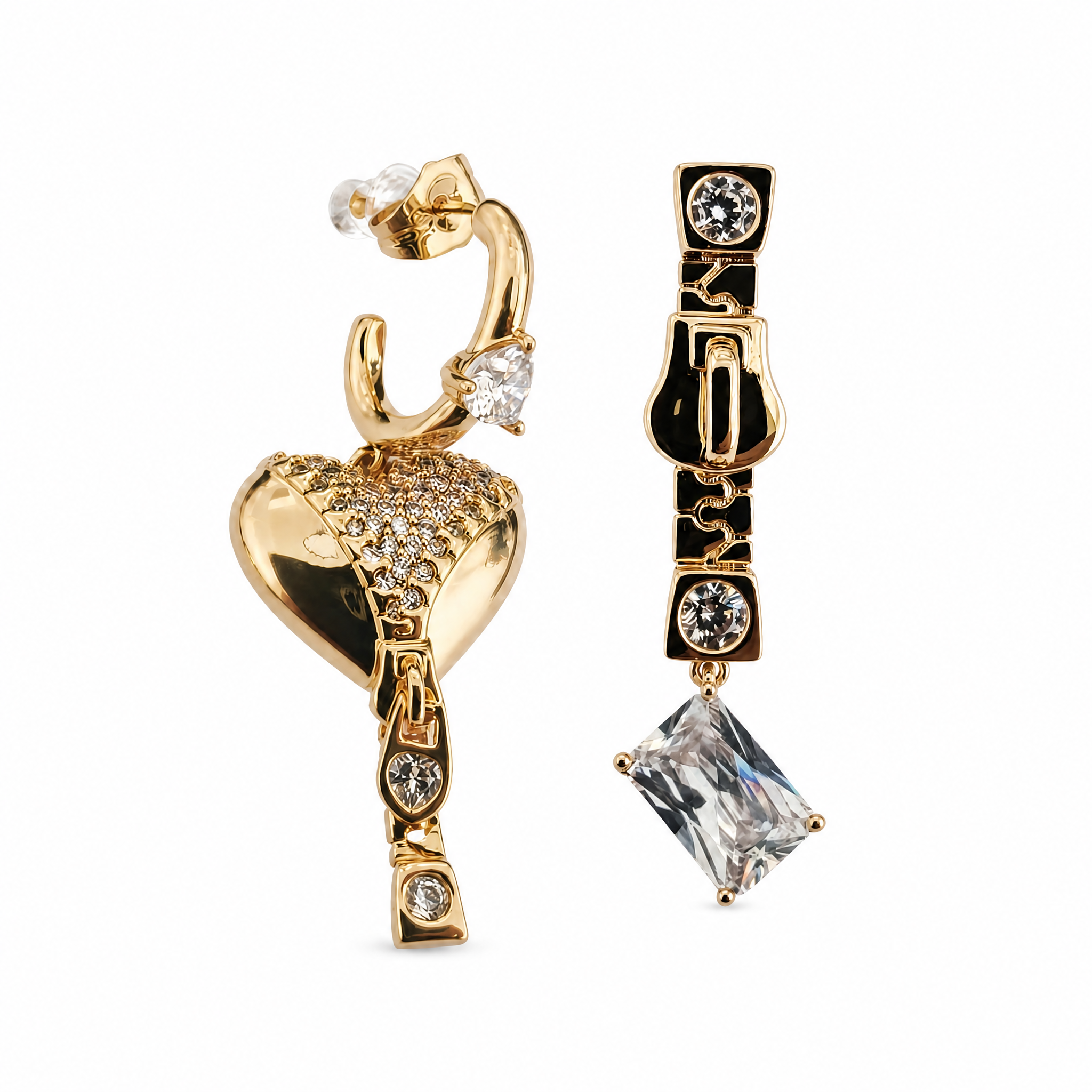 Gold Heart Drop Earring with Crystal Baguette