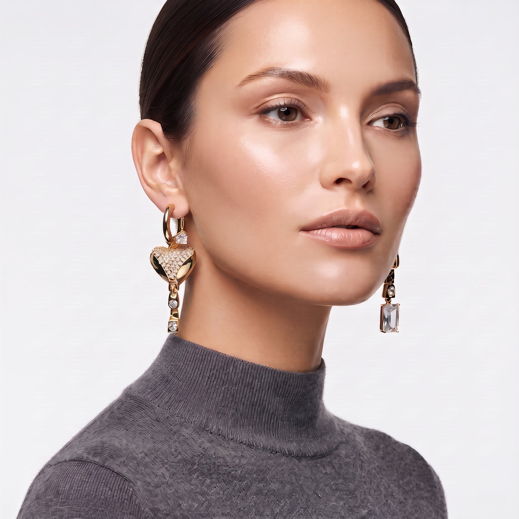 Gold Heart Drop Earring with Crystal Baguette