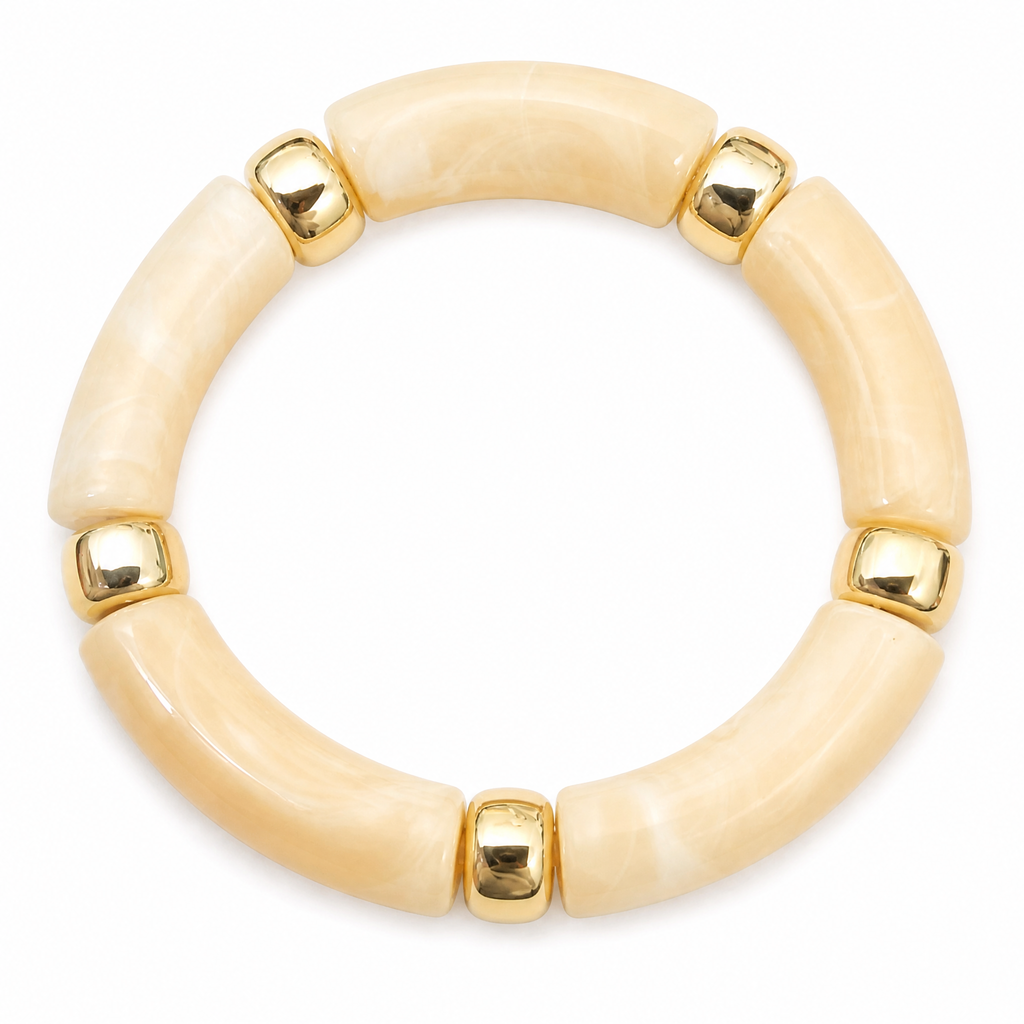 Cream Acrylic Tube Stretch Bracelet with Gold Spacers