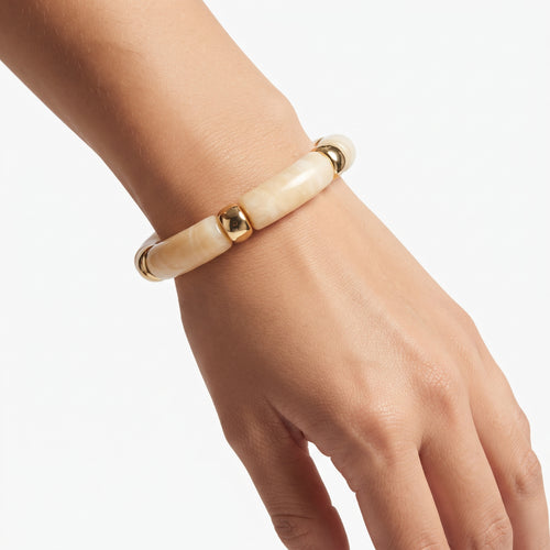 Cream Acrylic Tube Stretch Bracelet with Gold Spacers