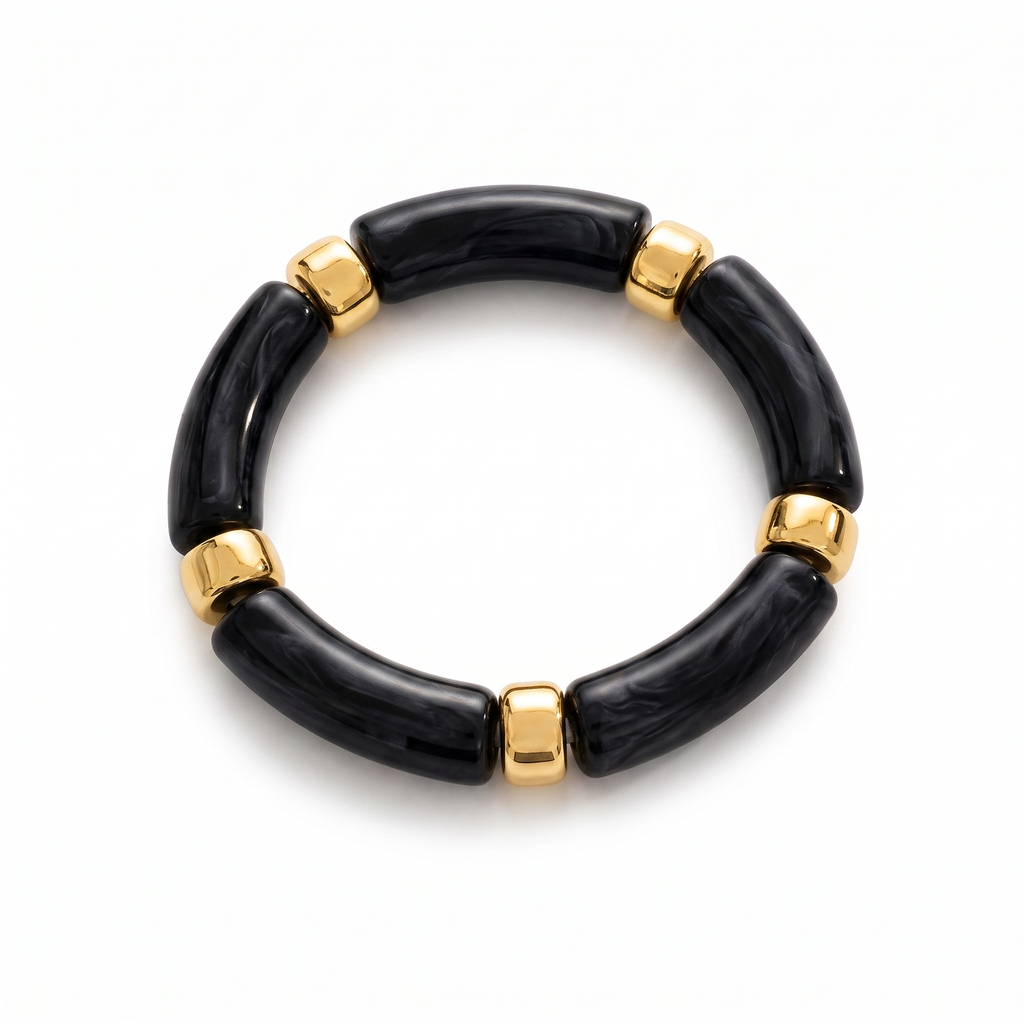 Black Acrylic Tube Stretch Bracelet with Gold Spacers