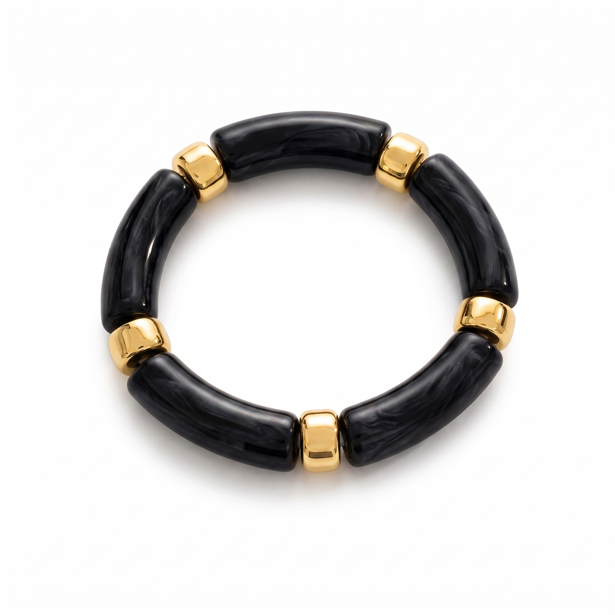 Black Acrylic Tube Stretch Bracelet with Gold Spacers
