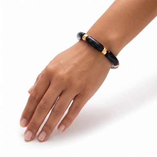 Black Acrylic Tube Stretch Bracelet with Gold Spacers