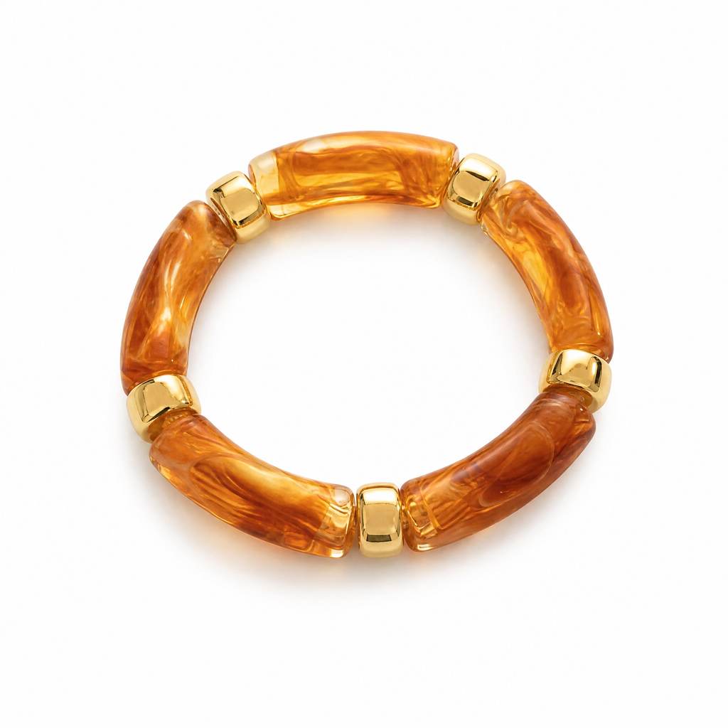Amber Acrylic Tube Stretch Bracelet with Gold Spacers