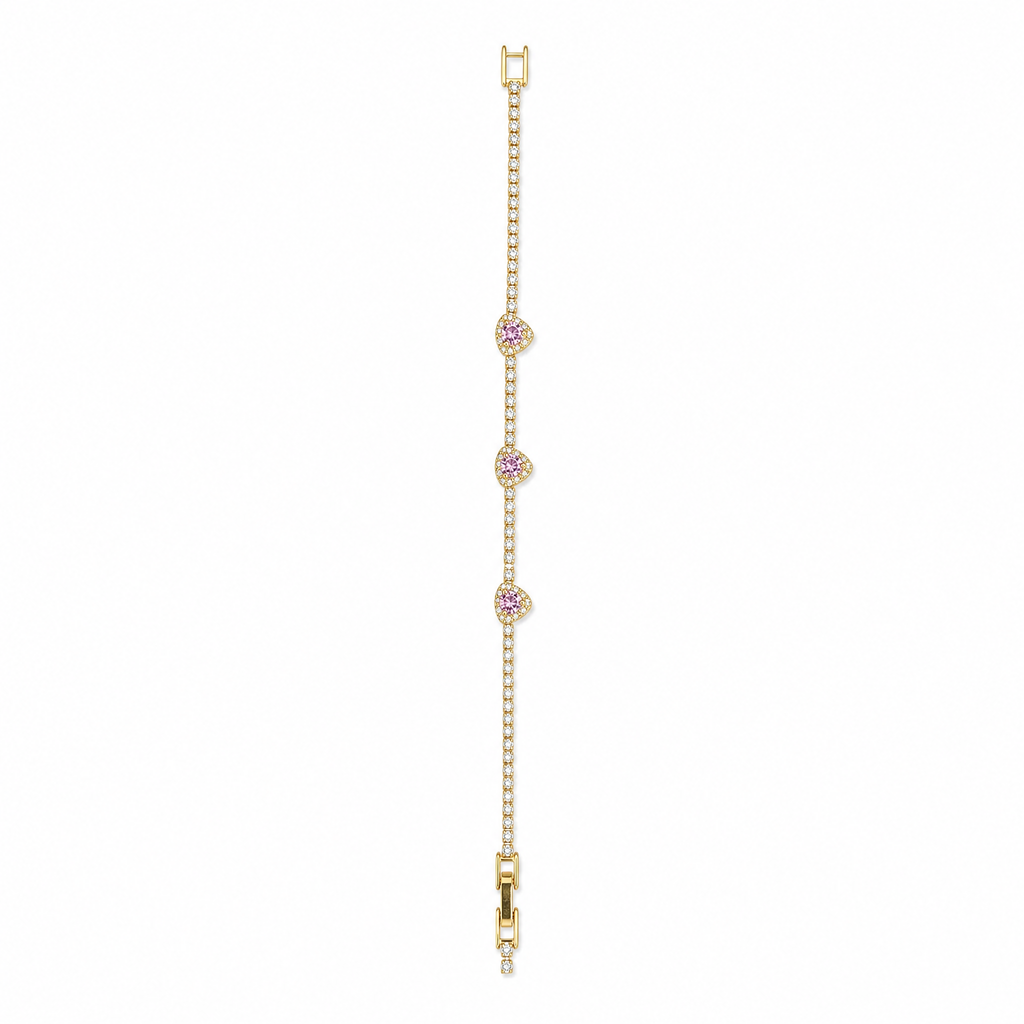 Gold CZ Tennis Bracelet with Pink Heart Stations