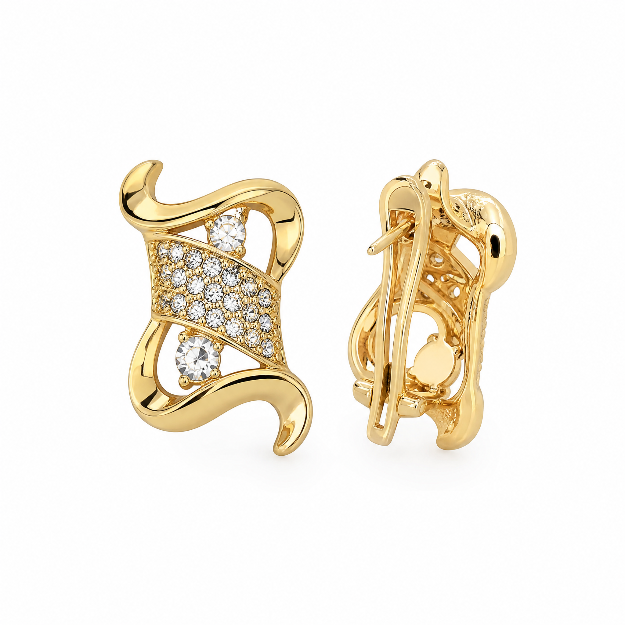 Gold Pave Wave Swirl Clip Earrings