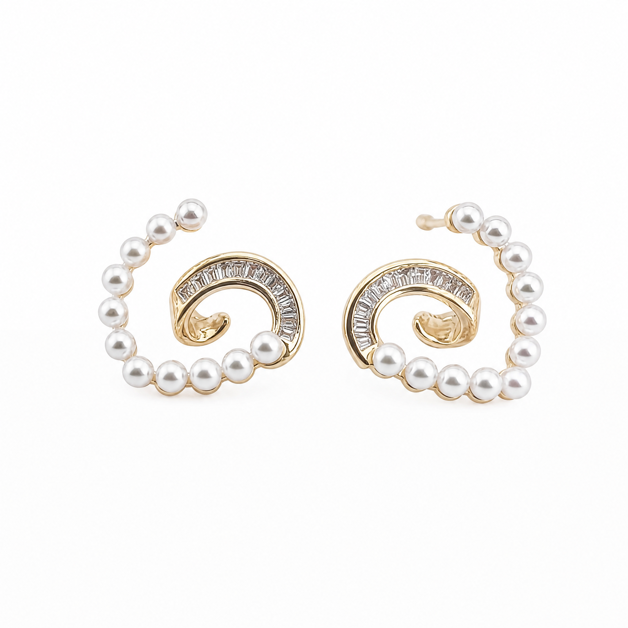 Gold Pearl & Baguette Spiral Swirl Earrings